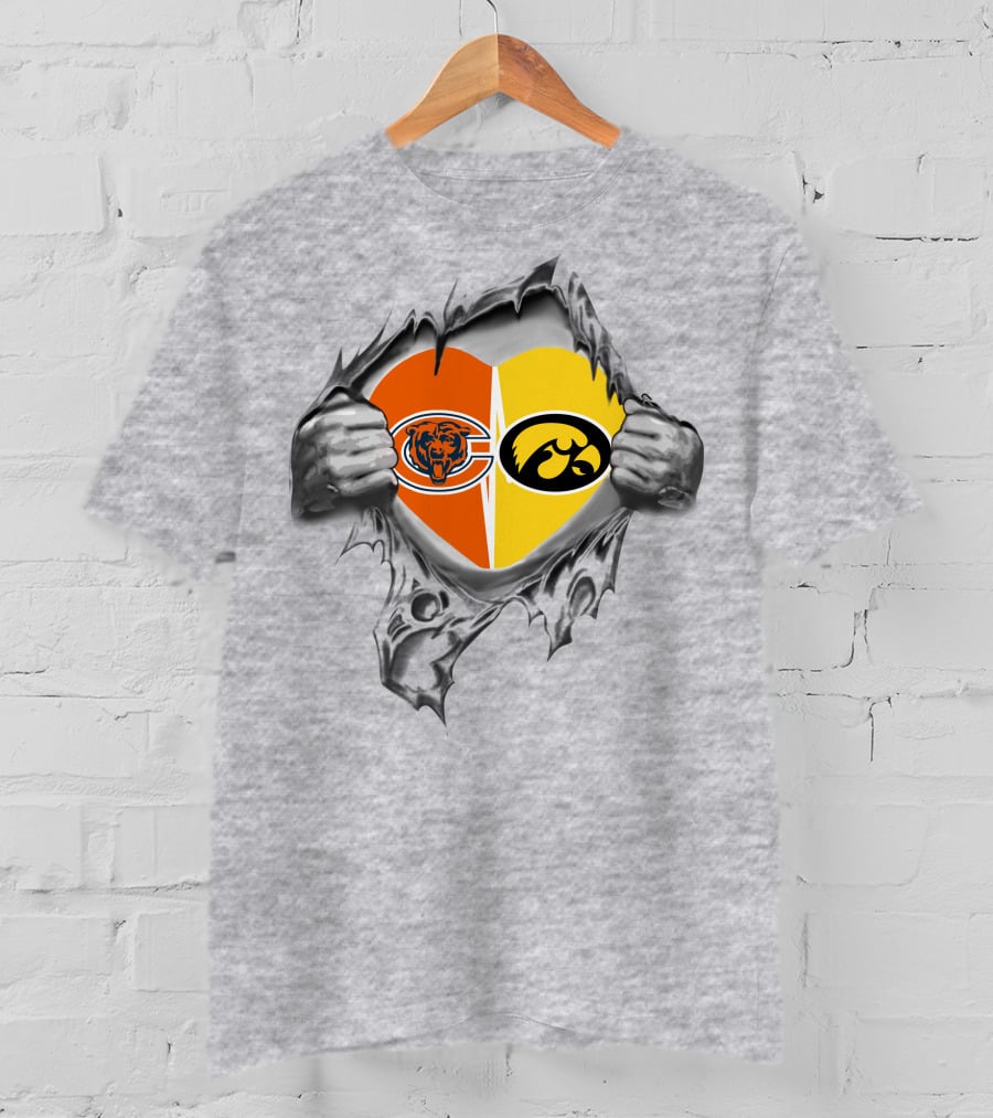 Bears Iowa Hawkeyes Heart Design With Chicago Bears And Iowa Hawkeyes Logo Combinación T-Shirt