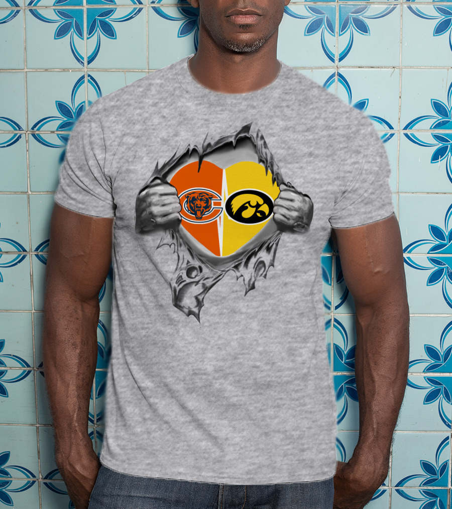 Bears Iowa Hawkeyes Heart Design With Chicago Bears And Iowa Hawkeyes Logo Combinación T-Shirt