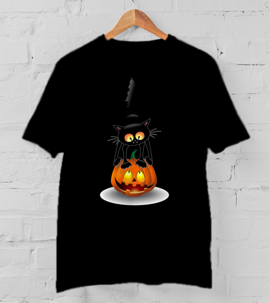Disney Mickey Mouse Halloween Pumpkin Head With Black Cat Jack O'lantern T-Shirt