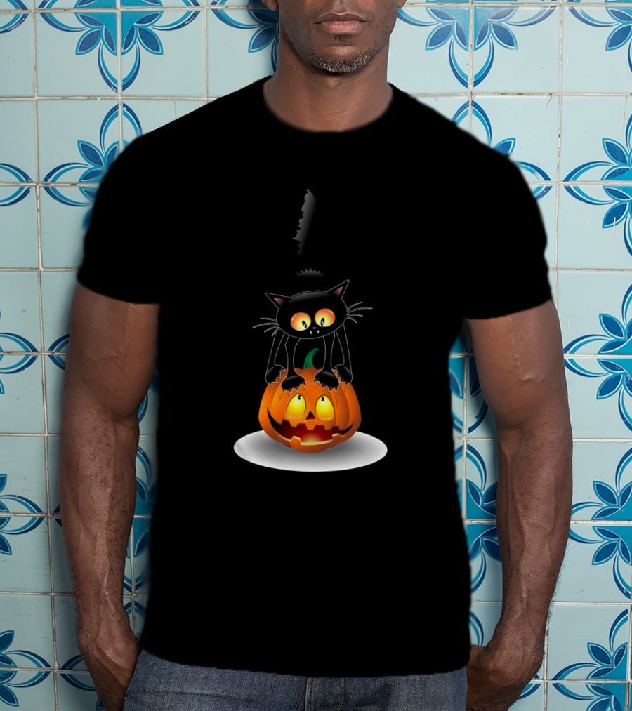 Disney Mickey Mouse Halloween Pumpkin Head With Black Cat Jack O'lantern T-Shirt