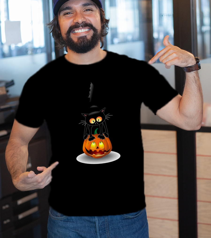 Disney Mickey Mouse Halloween Pumpkin Head With Black Cat Jack O'lantern T-Shirt