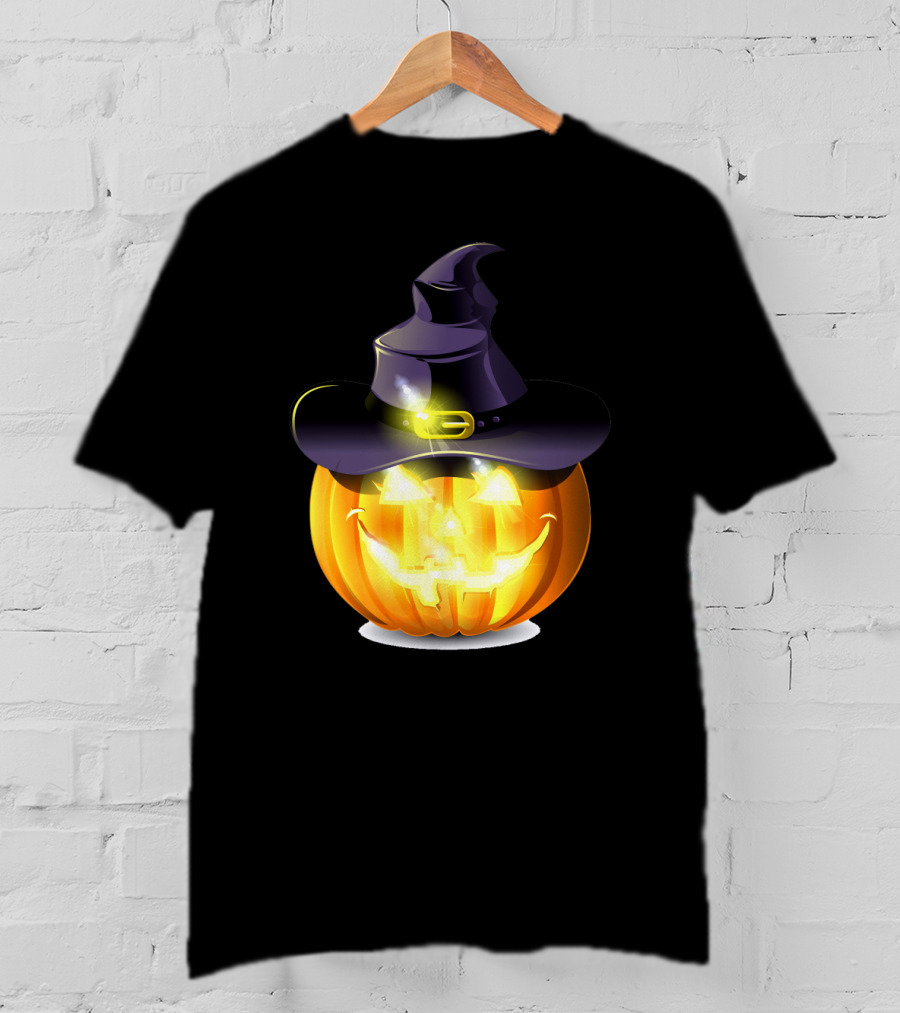 Halloween Pumpkin With Witch Hat And Glowing Smile T-Shirt