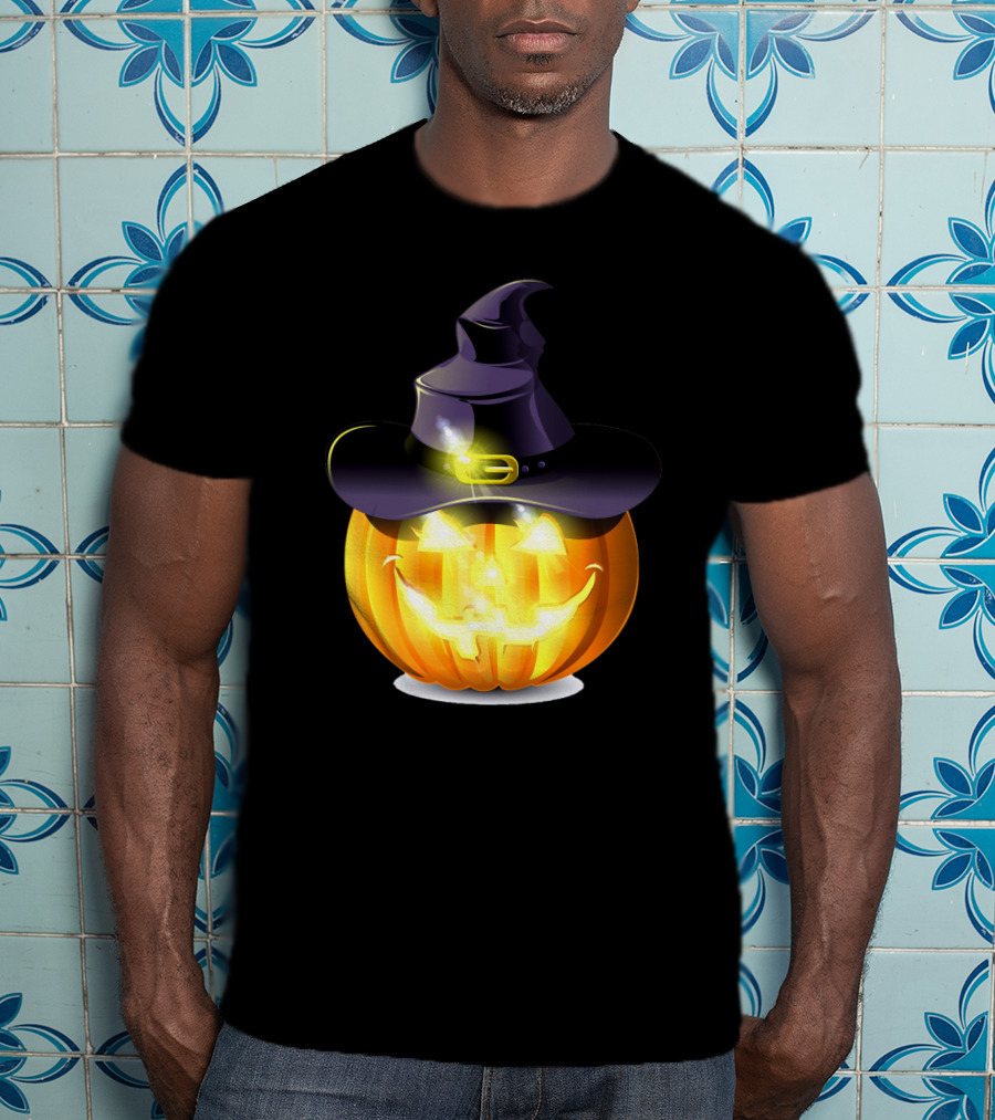 Halloween Pumpkin With Witch Hat And Glowing Smile T-Shirt