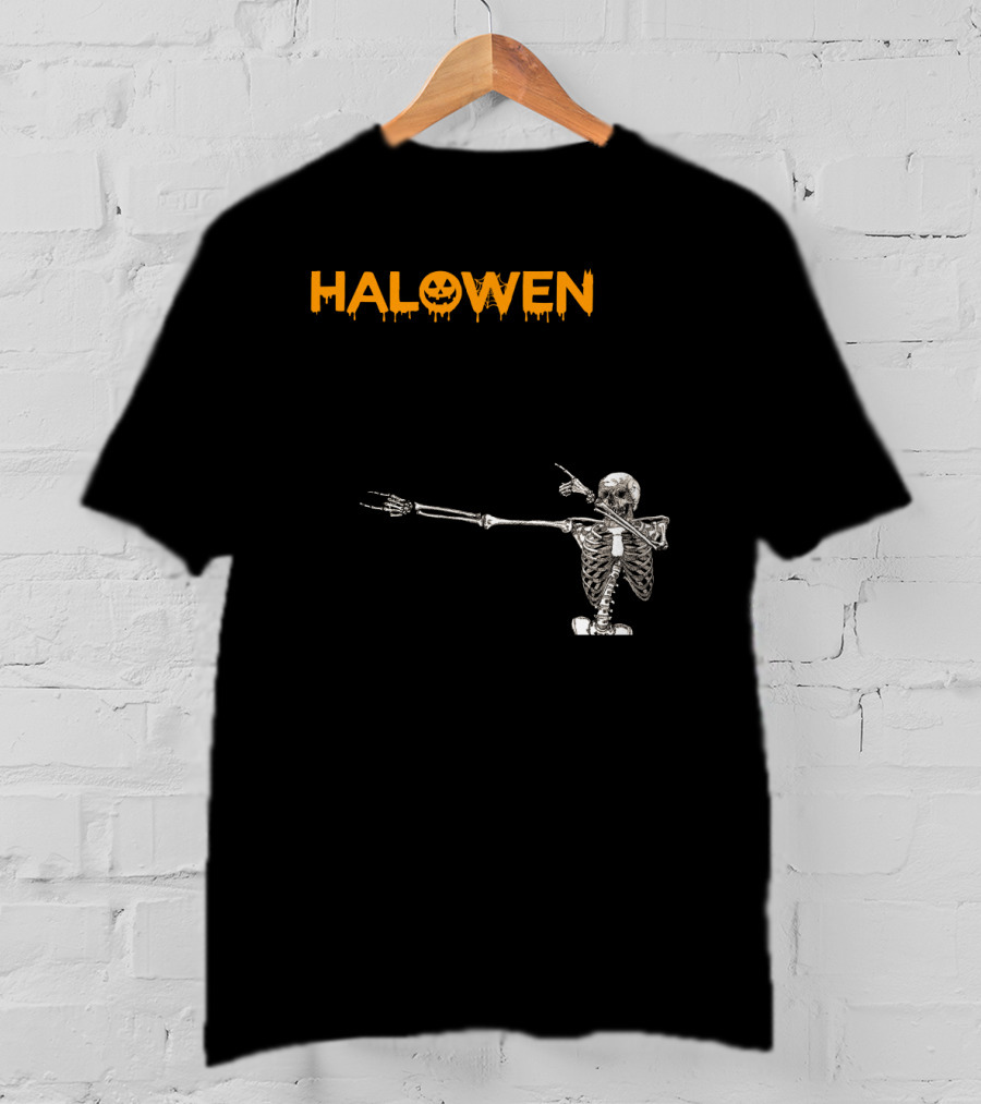 Halowen Skeleton Dabbing With Pumpkin Face T-Shirt