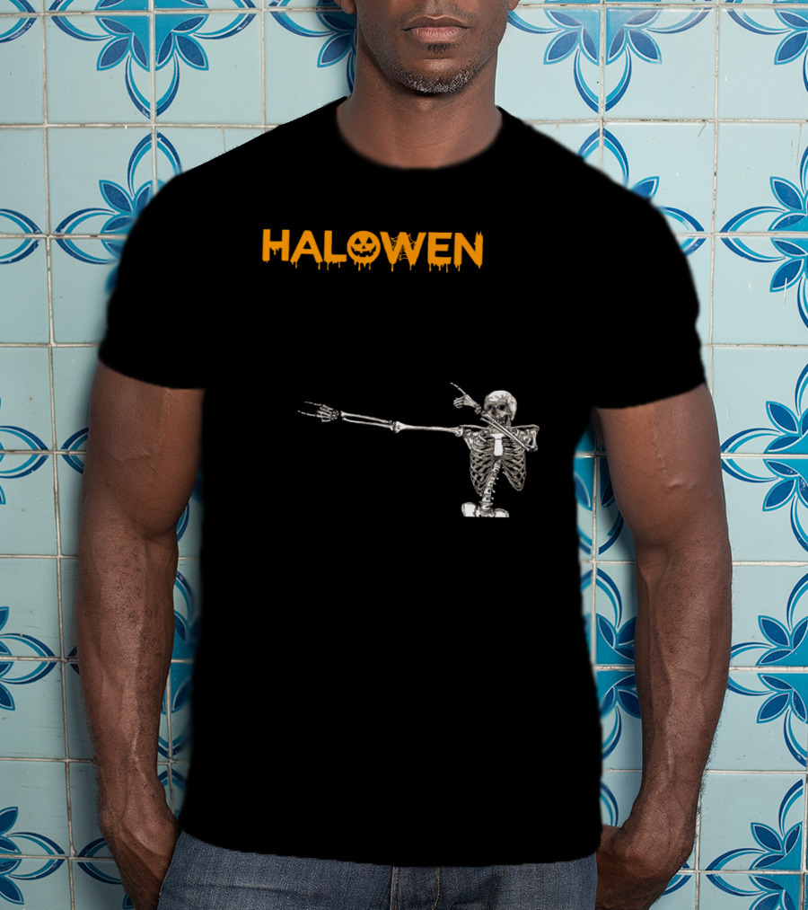 Halowen Skeleton Dabbing With Pumpkin Face T-Shirt