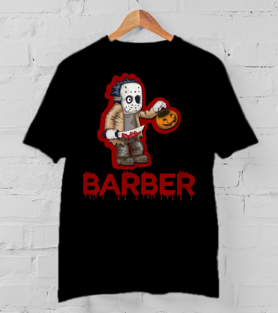 Halloween Barber Hairstylist Masked Horror With Pumpkin And Knife T-Shirt