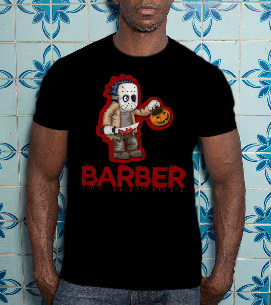 Halloween Barber Hairstylist Masked Horror With Pumpkin And Knife T-Shirt