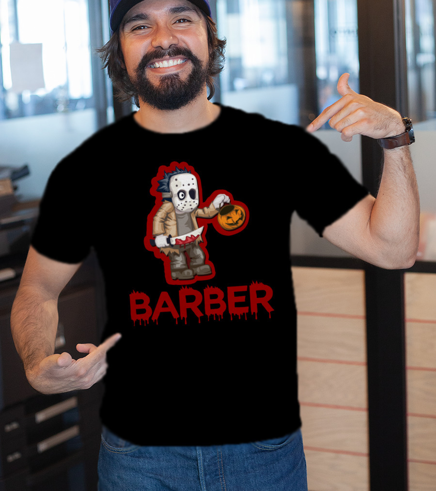 Halloween Barber Hairstylist Masked Horror With Pumpkin And Knife T-Shirt