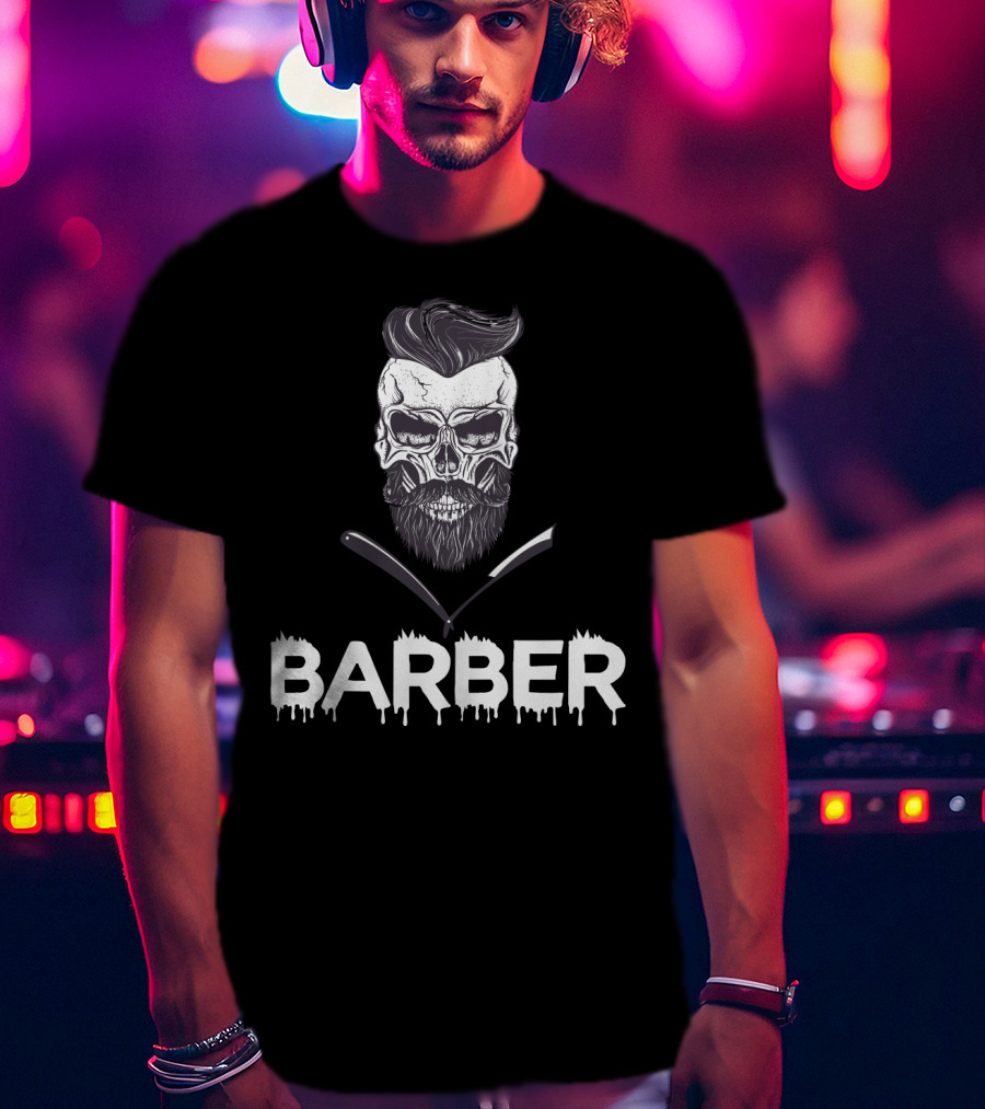 Barber Skull With Straight Razors Halloween Hairstylist T-Shirt