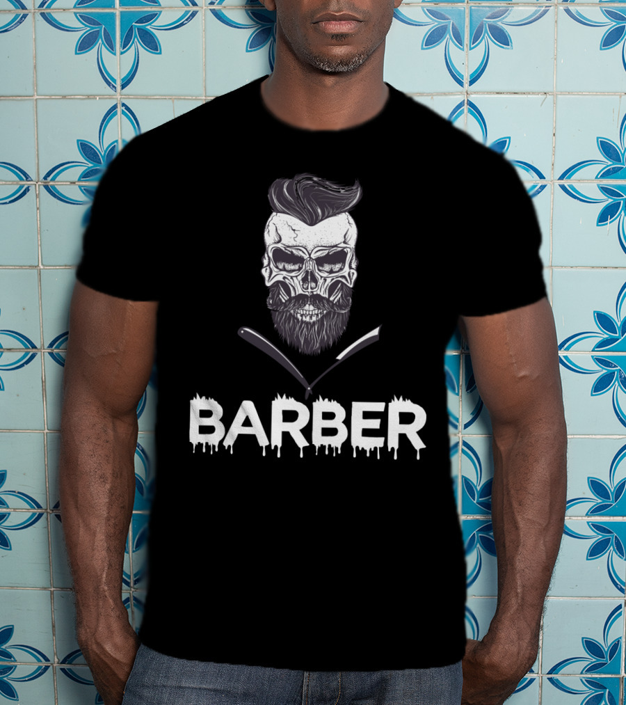 Barber Skull With Straight Razors Halloween Hairstylist T-Shirt