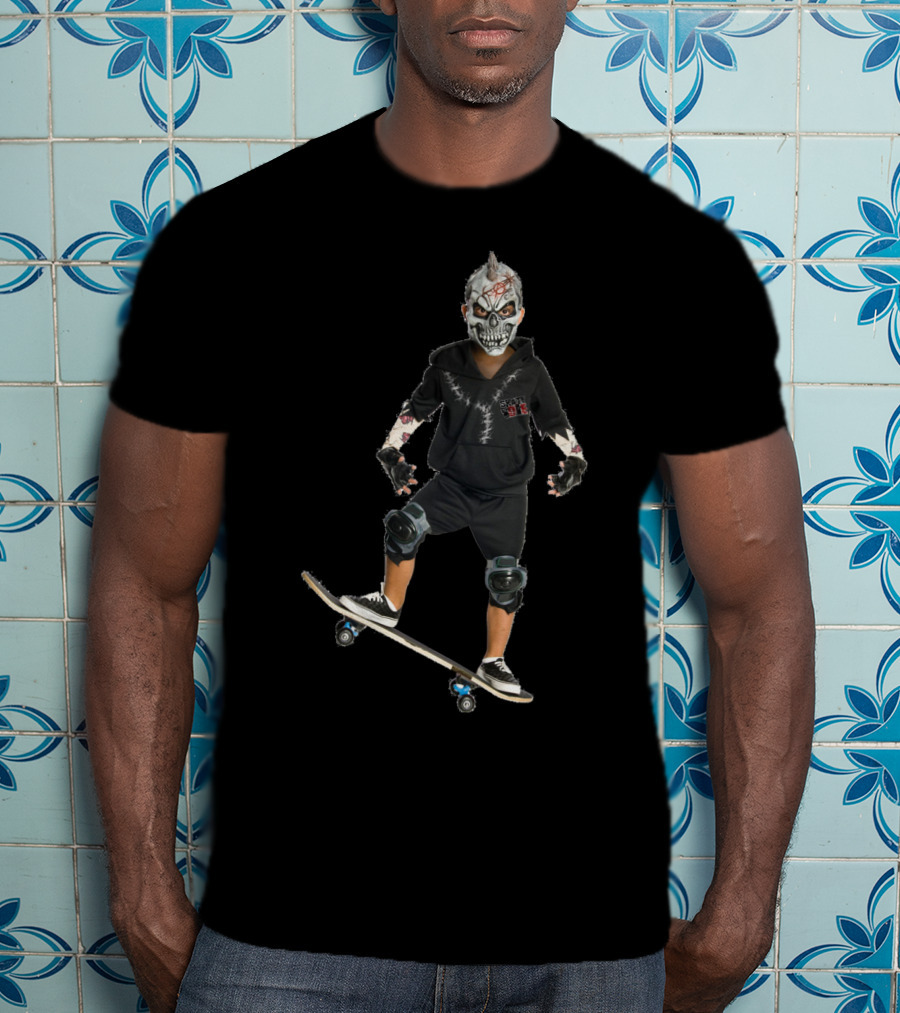Halloween Costume Party Boy With Skull Mask On Skateboard T-Shirt
