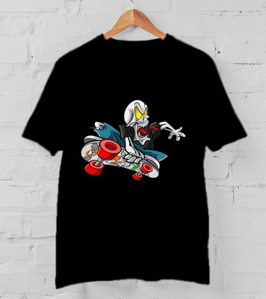 Halloween Skull Skateboarder With Red Wheels And Yellow Eyes T-Shirt