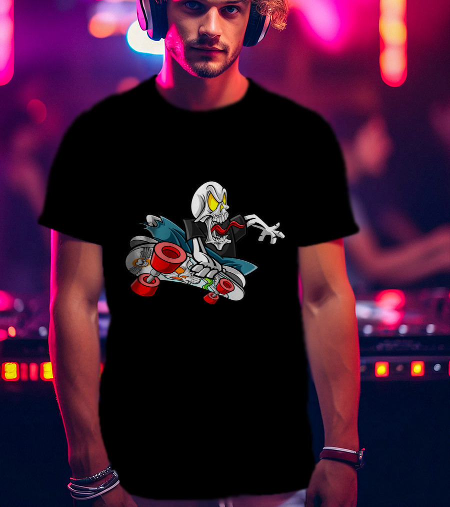 Halloween Skull Skateboarder With Red Wheels And Yellow Eyes T-Shirt