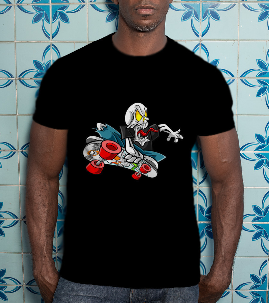 Halloween Skull Skateboarder With Red Wheels And Yellow Eyes T-Shirt