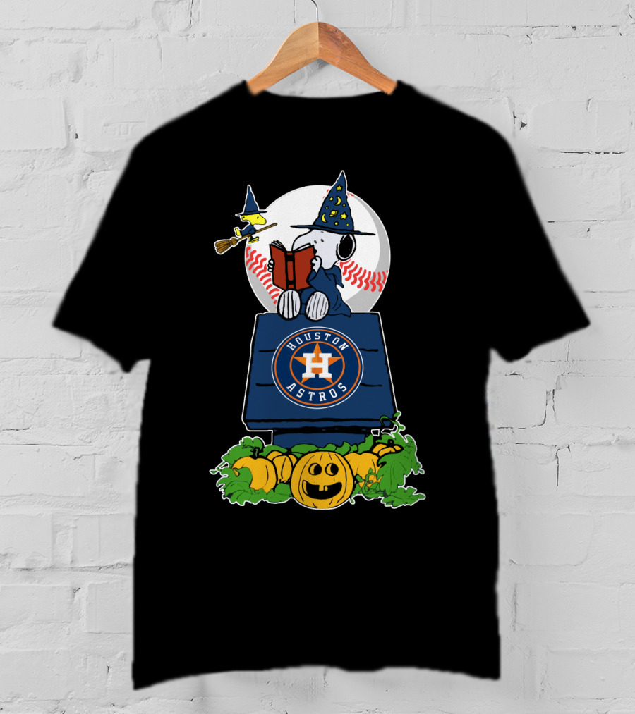 Houston Astros Halloween Snoopy And Woodstock Wizards Jack-O-Lantern Moon Baseball T-Shirt