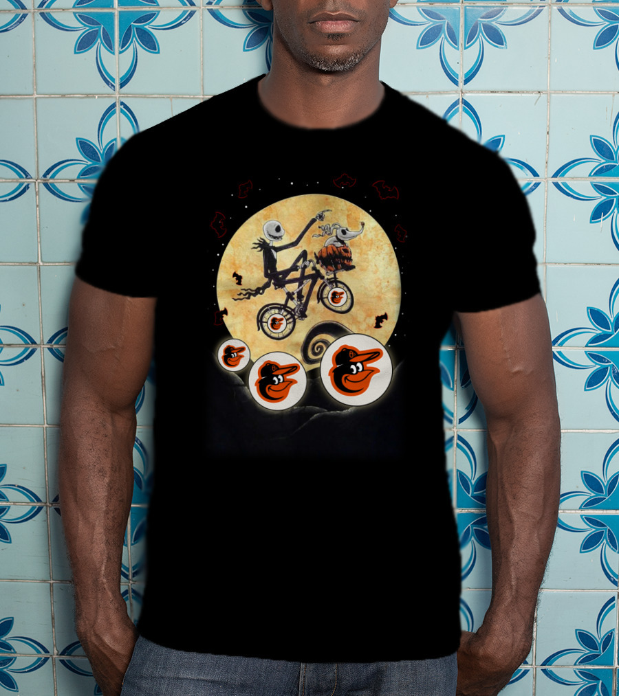 Baltimore Orioles Halloween With Skeleton On Bicycle And Moon Bats T-Shirt