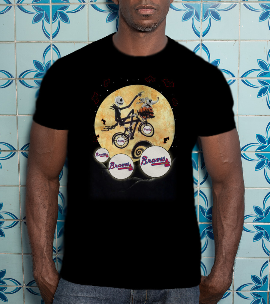 Braves Halloween Moon Bicycle Scene With Skeleton Characters And Pumpkin Dog T-Shirt