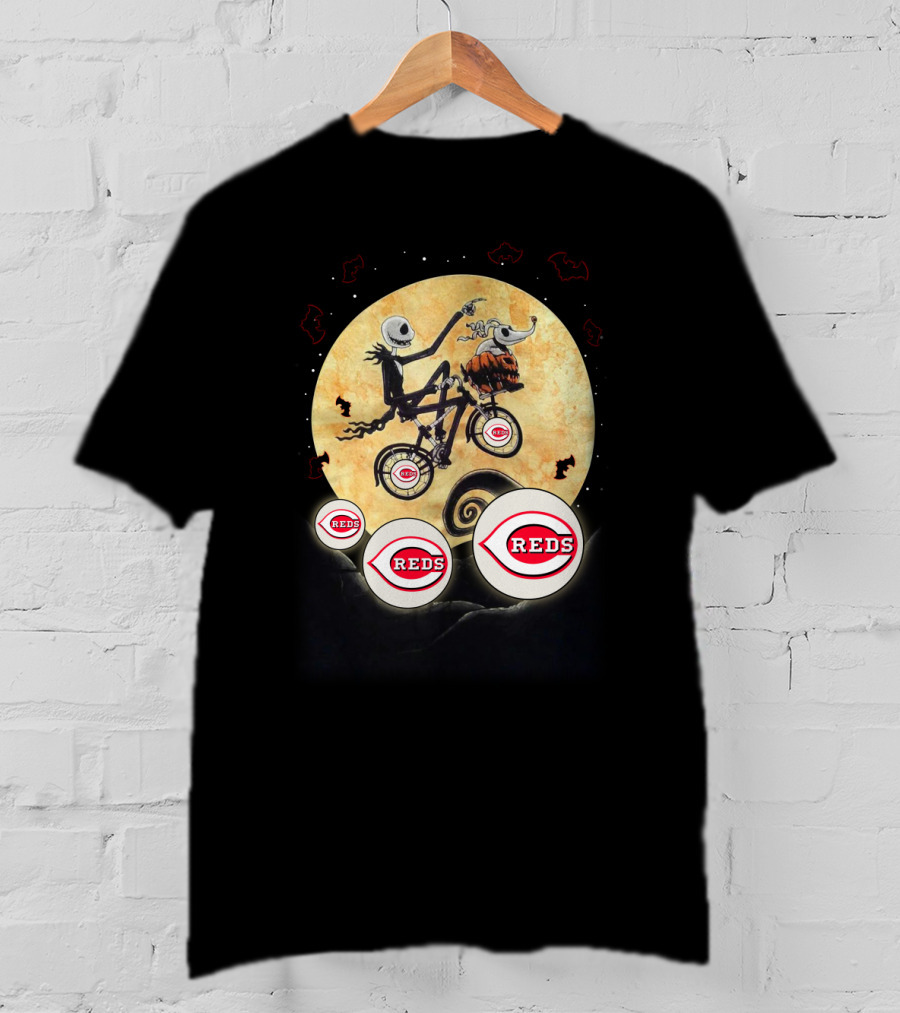 Cincinnati Reds Full Moon Halloween Bats Eerie Skeleton Character Flying Landscape T-Shirt