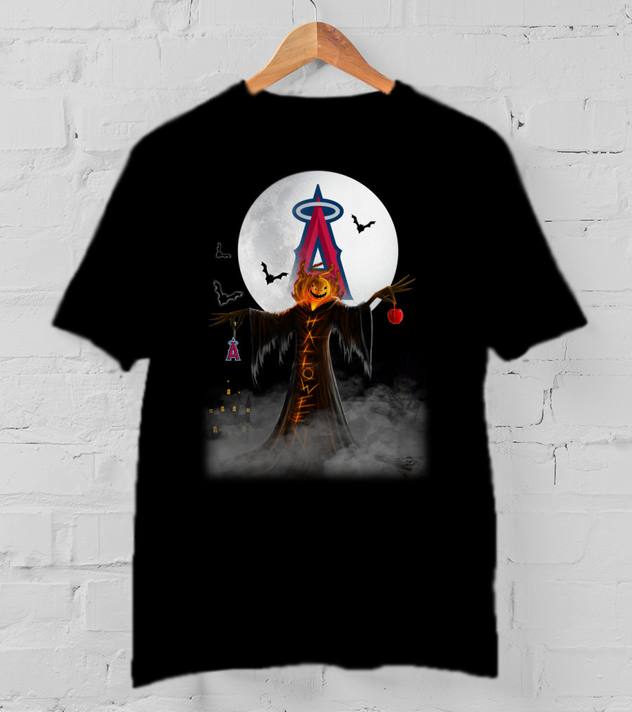 Los Angeles Angels Halloween Jack-O'-Lantern With Bats And Moon T-Shirt