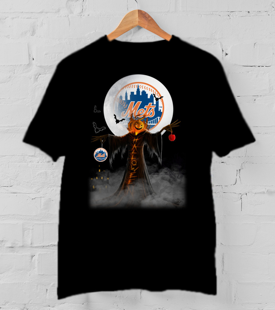 New York Mets Pumpkin Head Halloween Theme With Moon, Bats, And Spooky Castle T-Shirt