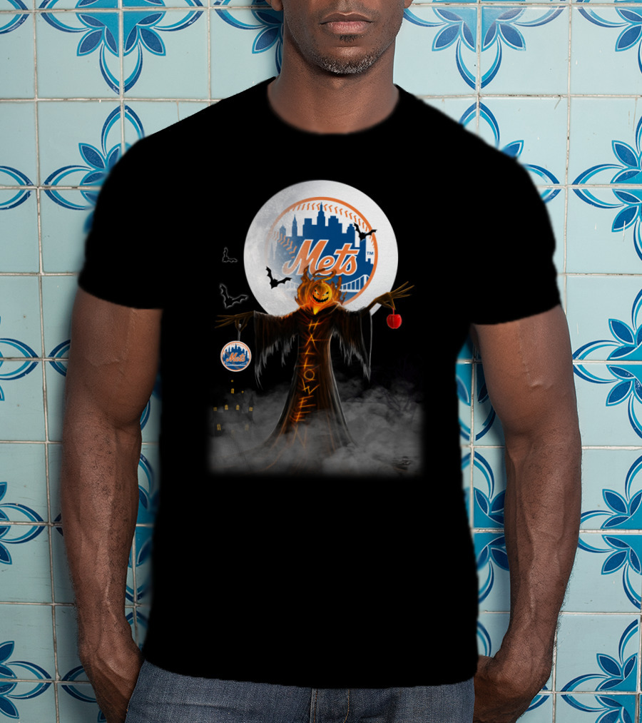 New York Mets Pumpkin Head Halloween Theme With Moon, Bats, And Spooky Castle T-Shirt