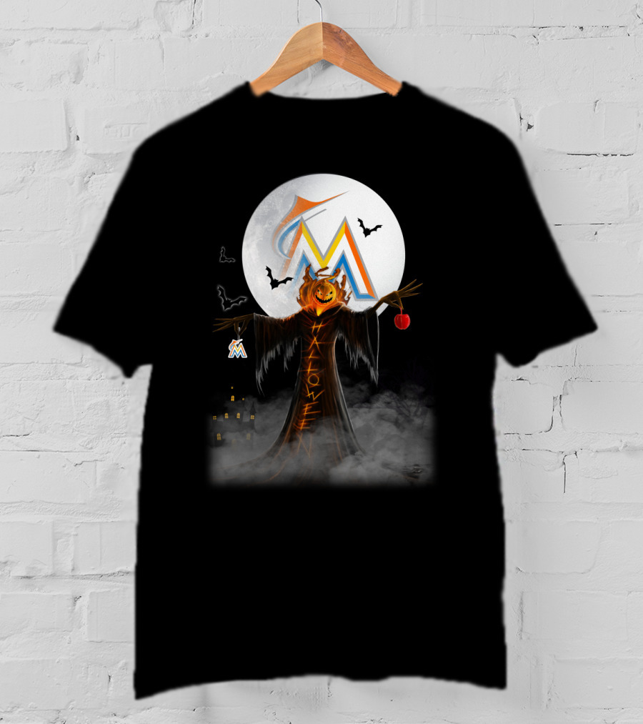 Halloween Miami Marlins Pumpkin Moon Bats And Haunted Castle T-Shirt