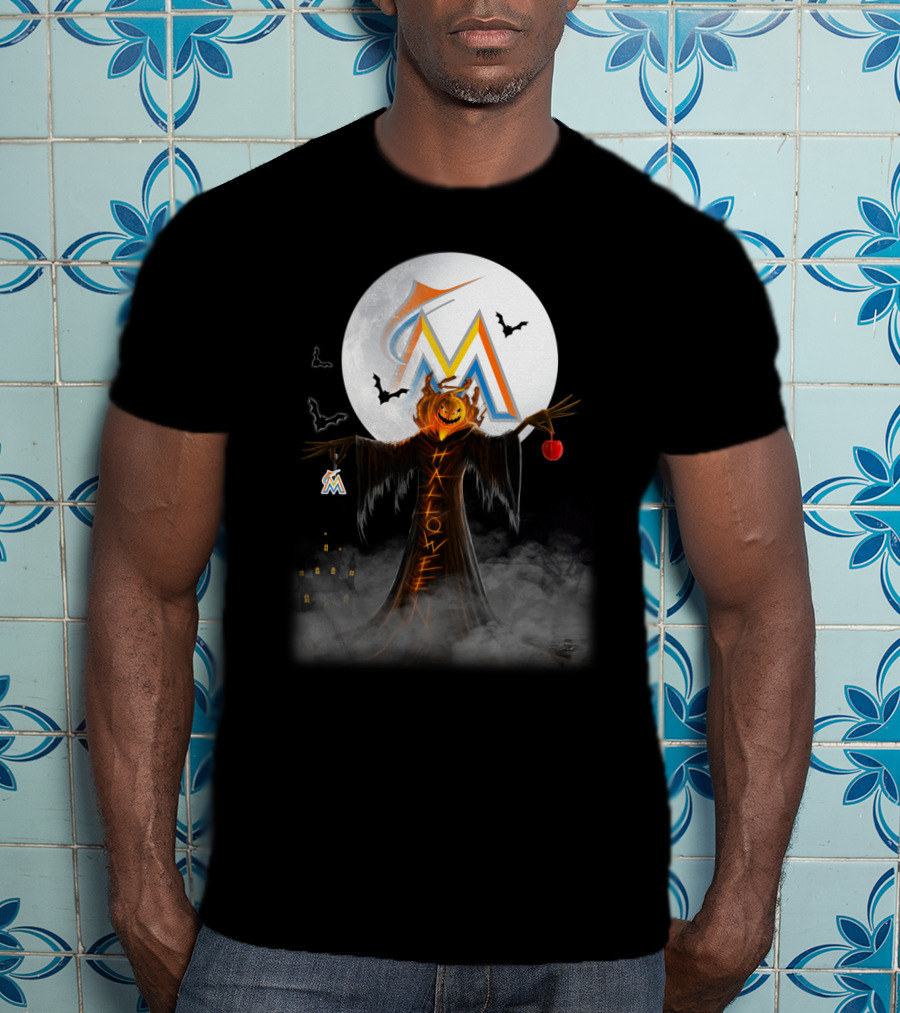 Halloween Miami Marlins Pumpkin Moon Bats And Haunted Castle T-Shirt