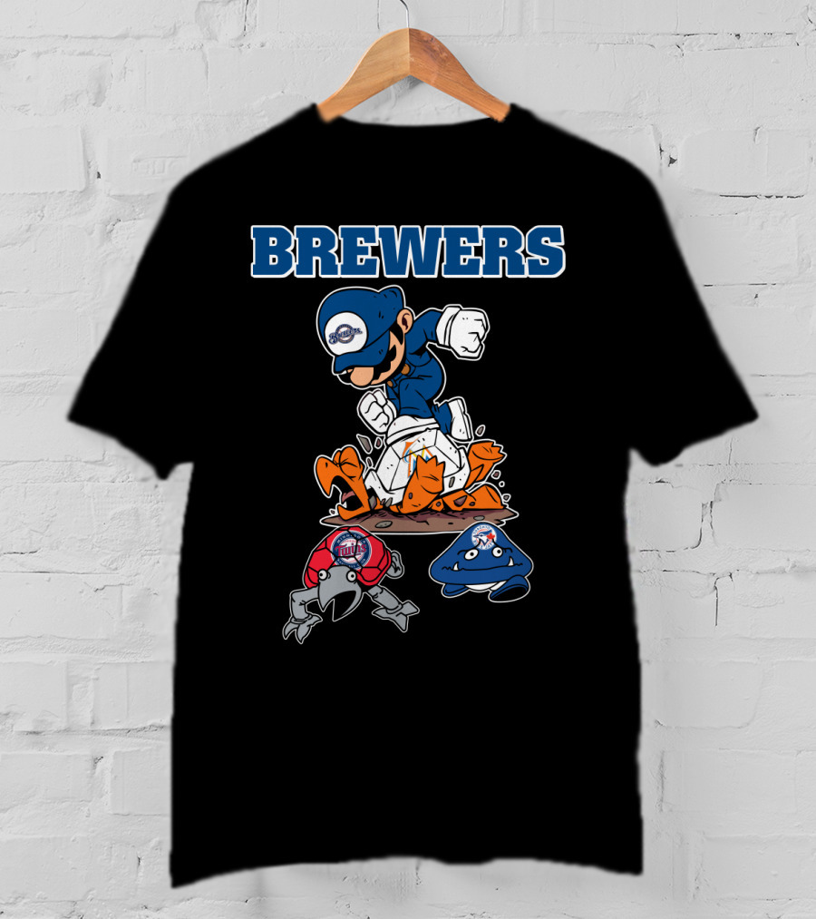 Brewers Cartoon Character In Blue Cap Stomping Orange And Red Creatures T-Shirt