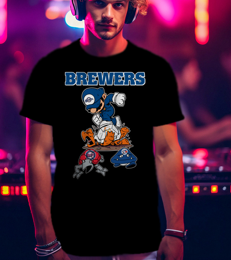 Brewers Cartoon Character In Blue Cap Stomping Orange And Red Creatures T-Shirt