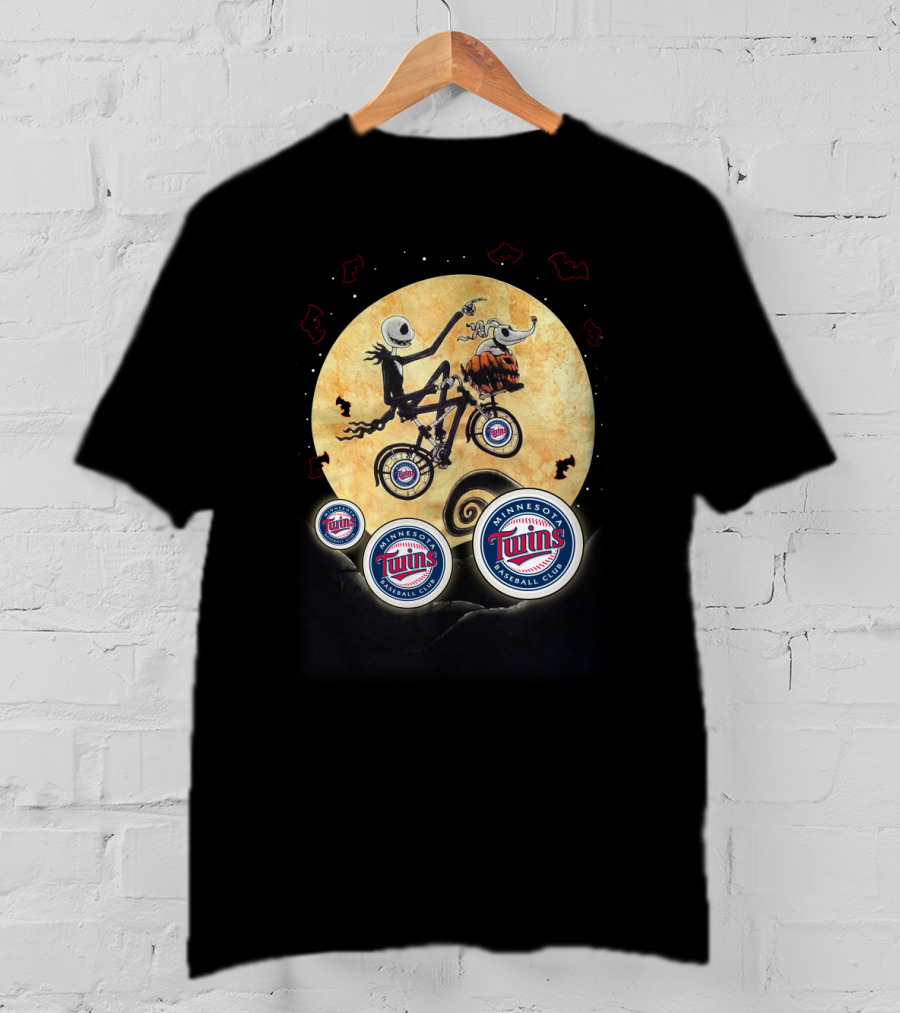 Minnesota Twins Halloween Featuring Iconic Skeleton Biking Under Full Moon With Team T-Shirt