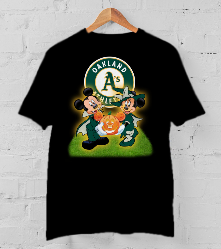 Oakland Athletics Halloween Mickey And Minnie With Pumpkin T-Shirt
