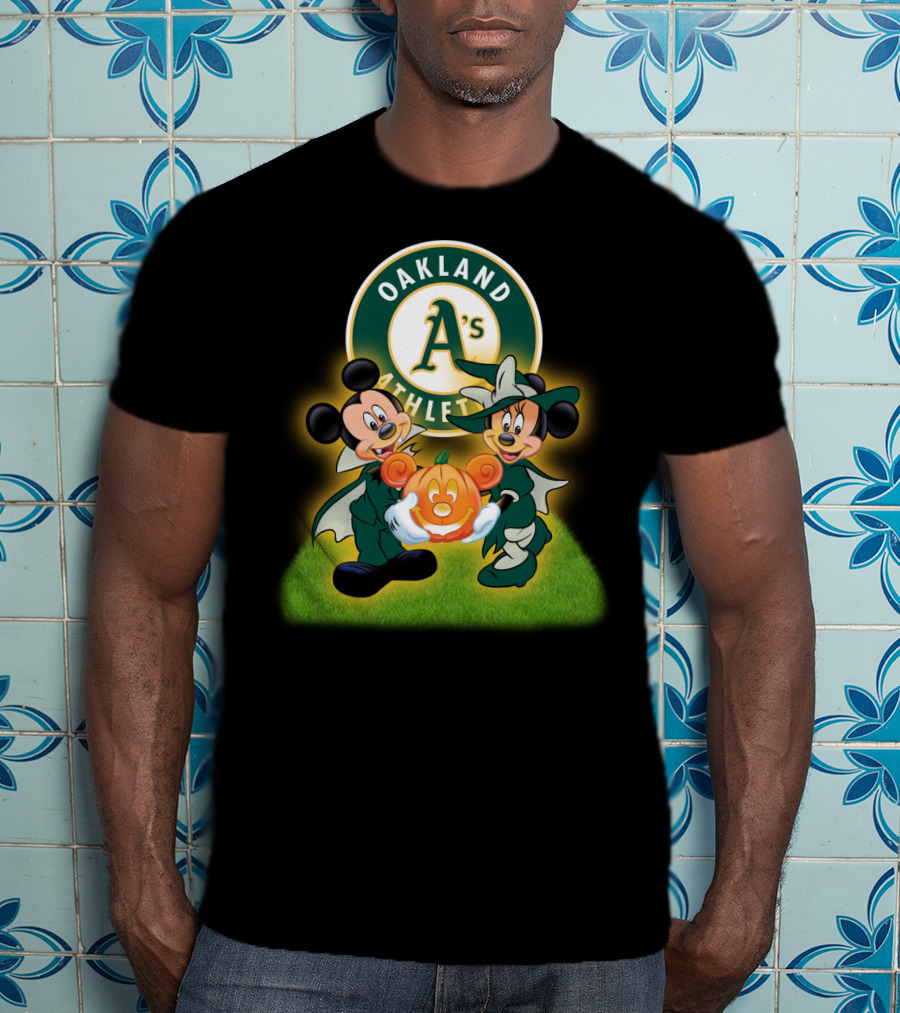 Oakland Athletics Halloween Mickey And Minnie With Pumpkin T-Shirt