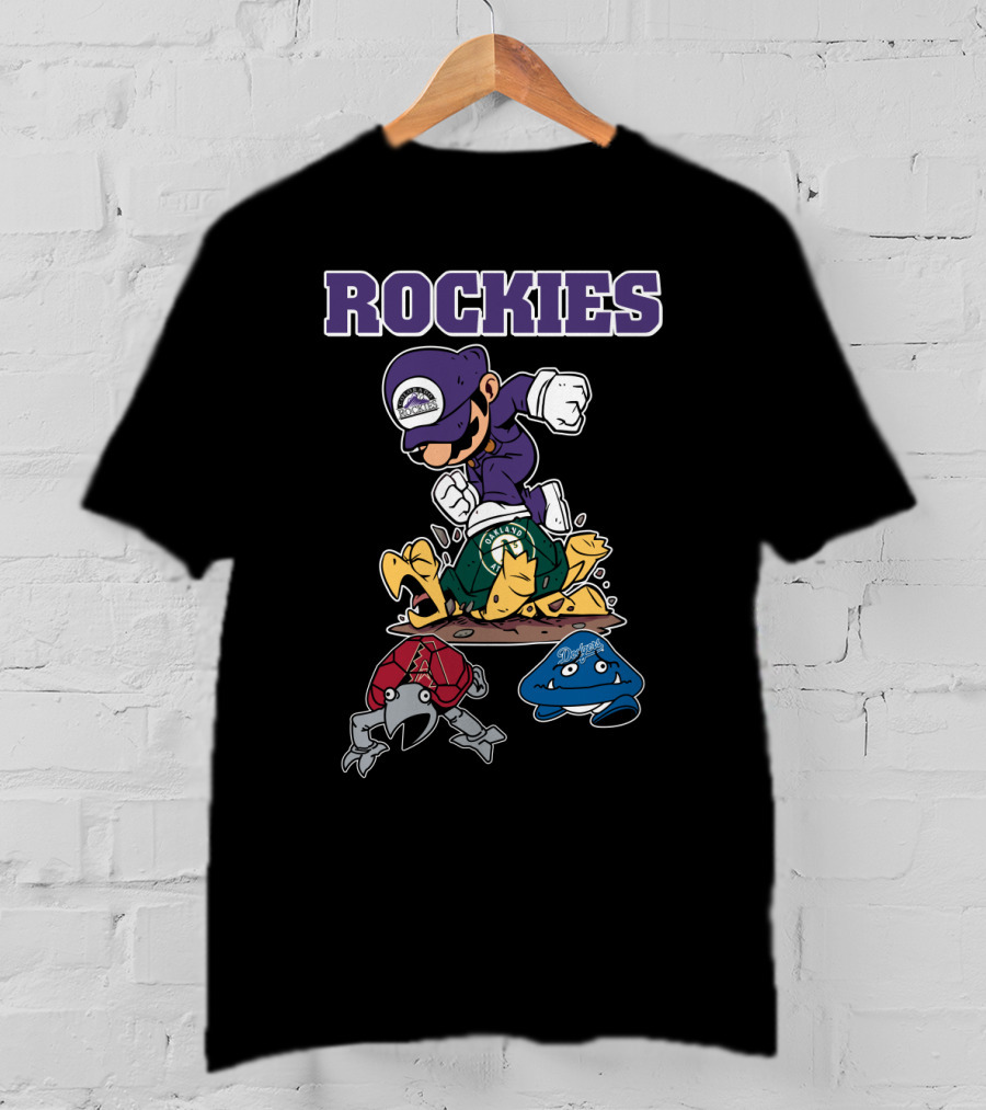 Rockies Character Action With Opponents In Green Yellow Red Blue Gear T-Shirt