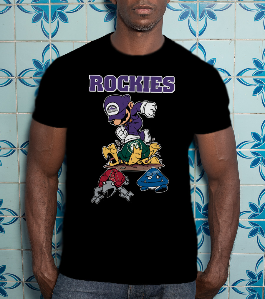 Rockies Character Action With Opponents In Green Yellow Red Blue Gear T-Shirt