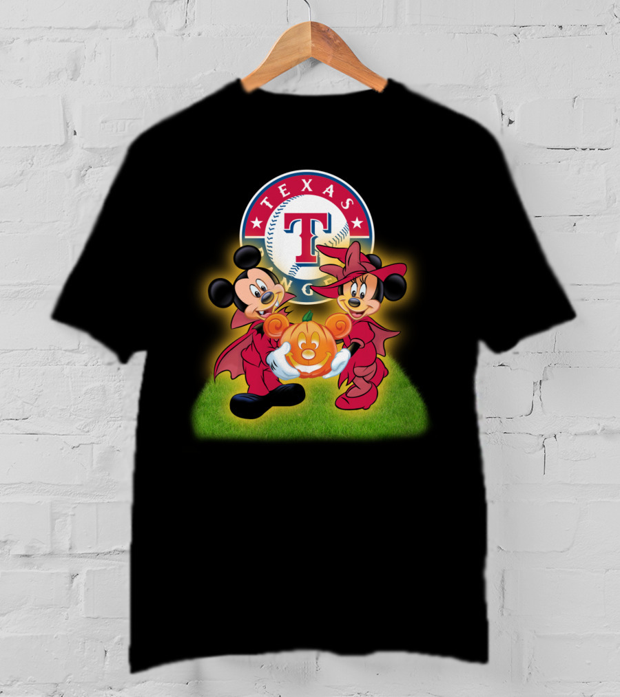 Texas Rangers Halloween Mickey And Minnie With Pumpkin T-Shirt