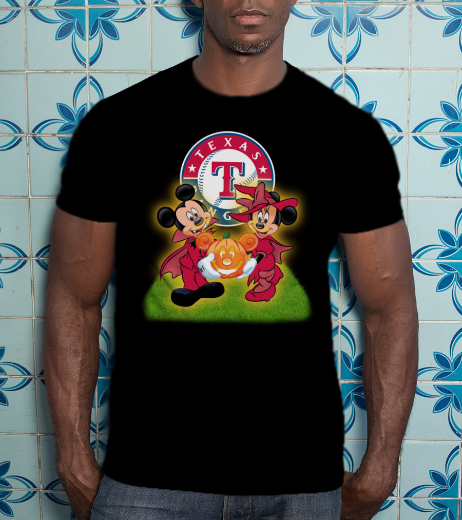 Texas Rangers Halloween Mickey And Minnie With Pumpkin T-Shirt