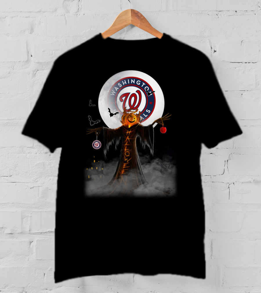 Washington Nationals Halloween Pumpkin Scarecrow With Bats And Full Moon T-Shirt