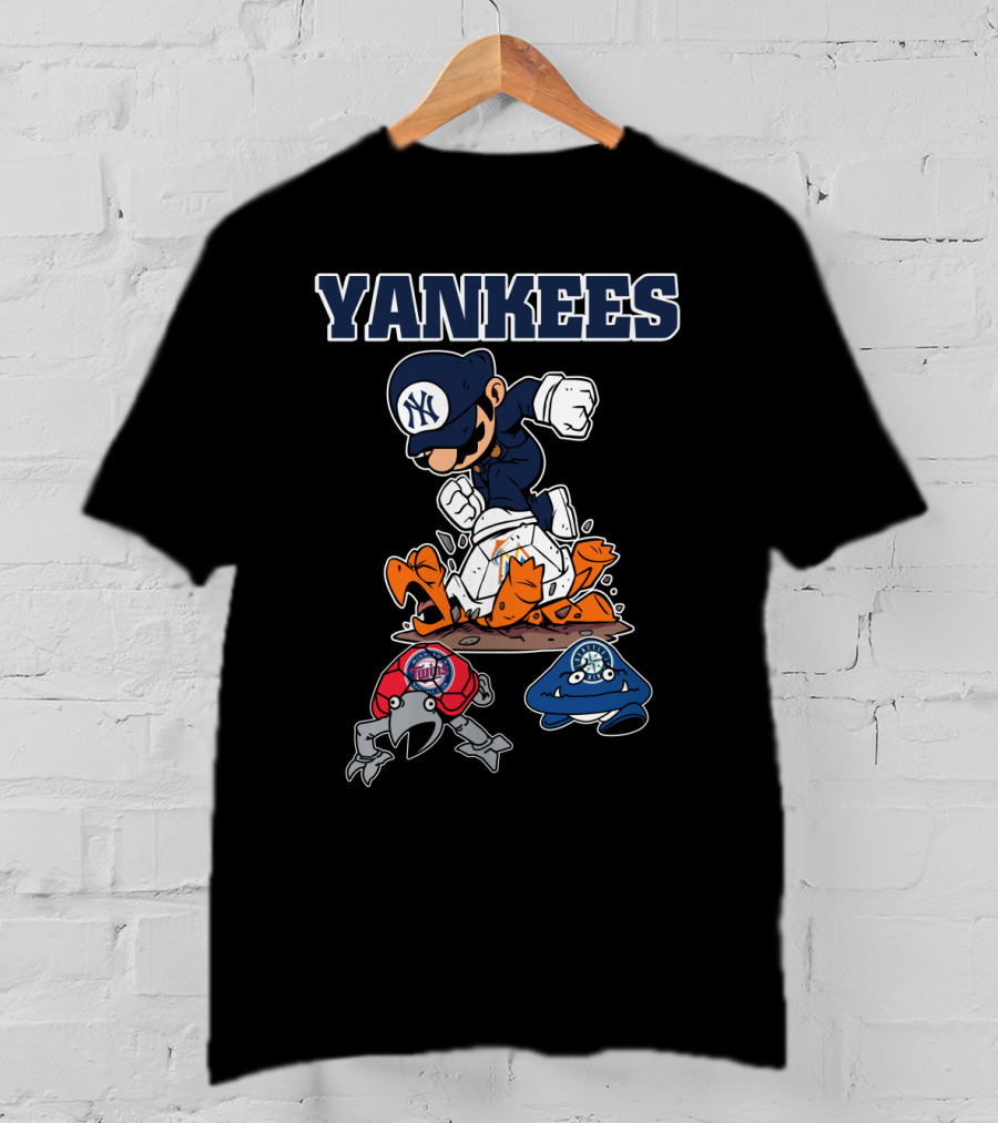 Yankees Cartoon Character In New York Baseball Cap Stomping Rival Mascots T-Shirt