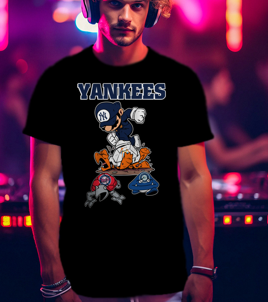 Yankees Cartoon Character In New York Baseball Cap Stomping Rival Mascots T-Shirt