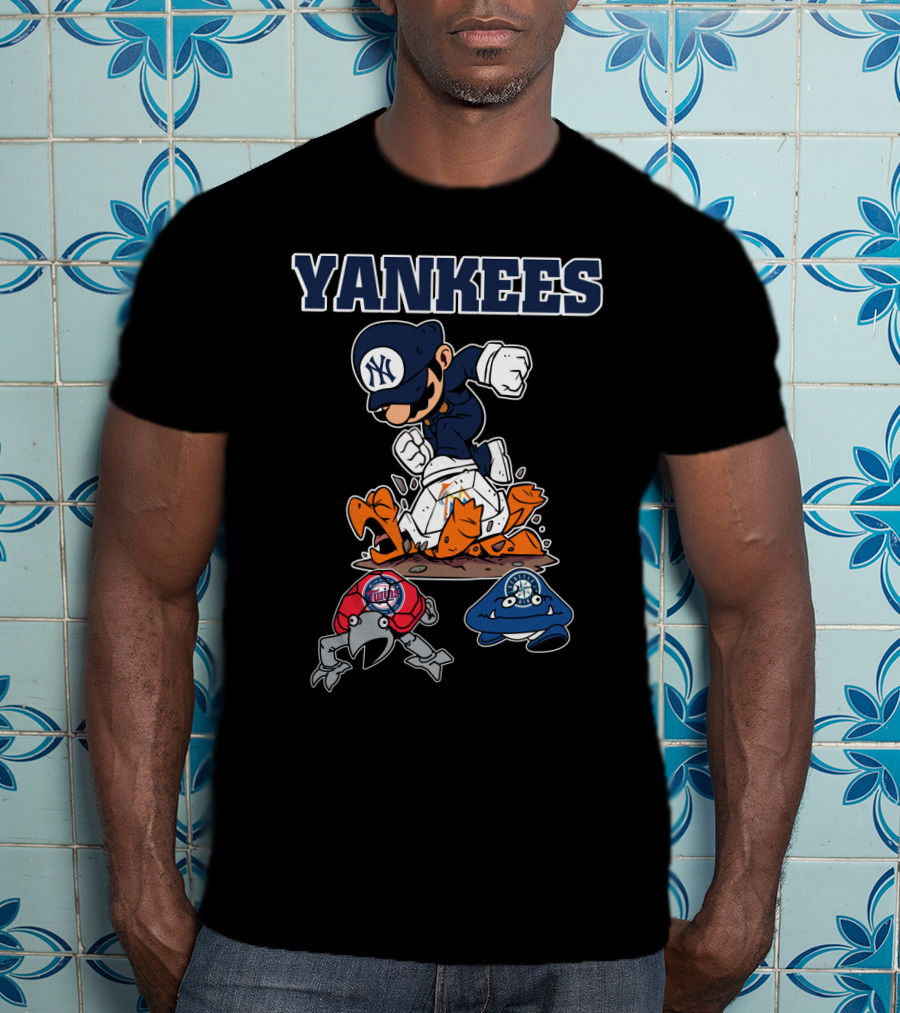 Yankees Cartoon Character In New York Baseball Cap Stomping Rival Mascots T-Shirt