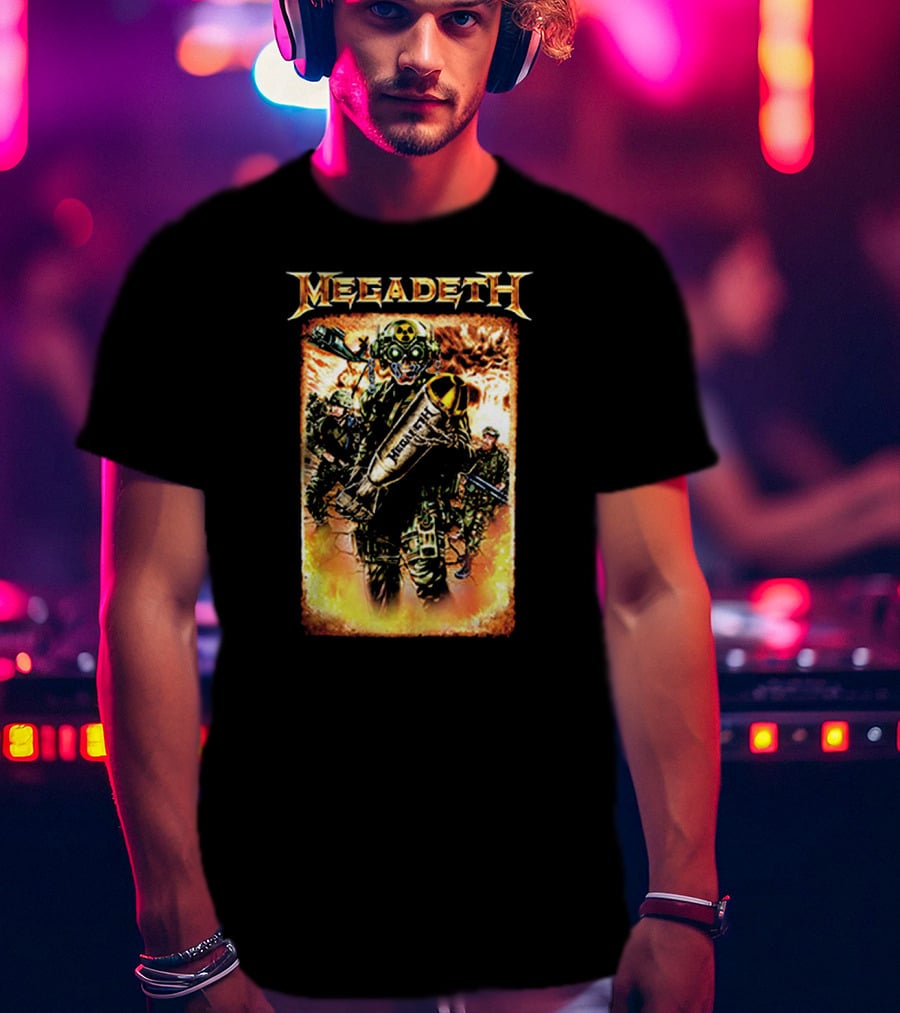 Megadeth Soldiers Holding Bomb With Radiation Symbol In Fiery T-Shirt