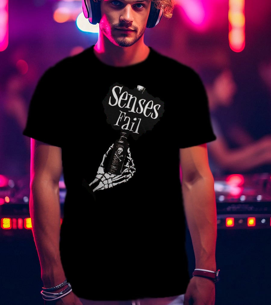 Senses Fail Skeleton Hand Holding Poison Bottle T-Shirt