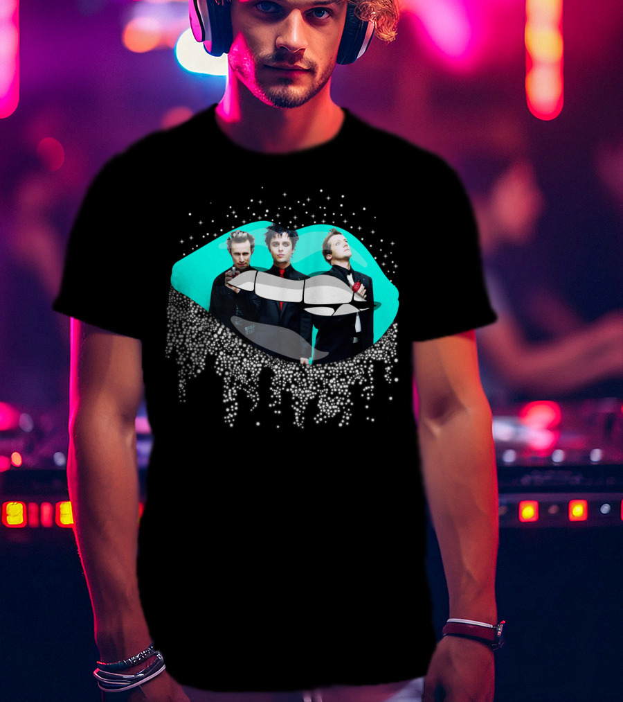 Green Day Dripping Glitter Lip Pop Art Band Members T-Shirt