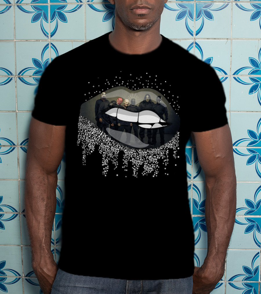 Slipknot Band Members In Dripping Lips Design With Masks And Dark T-Shirt