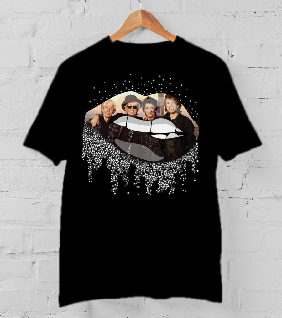 The Rolling Stones Classic Band Photo With Iconic Tongue And Lips Dripping T-Shirt