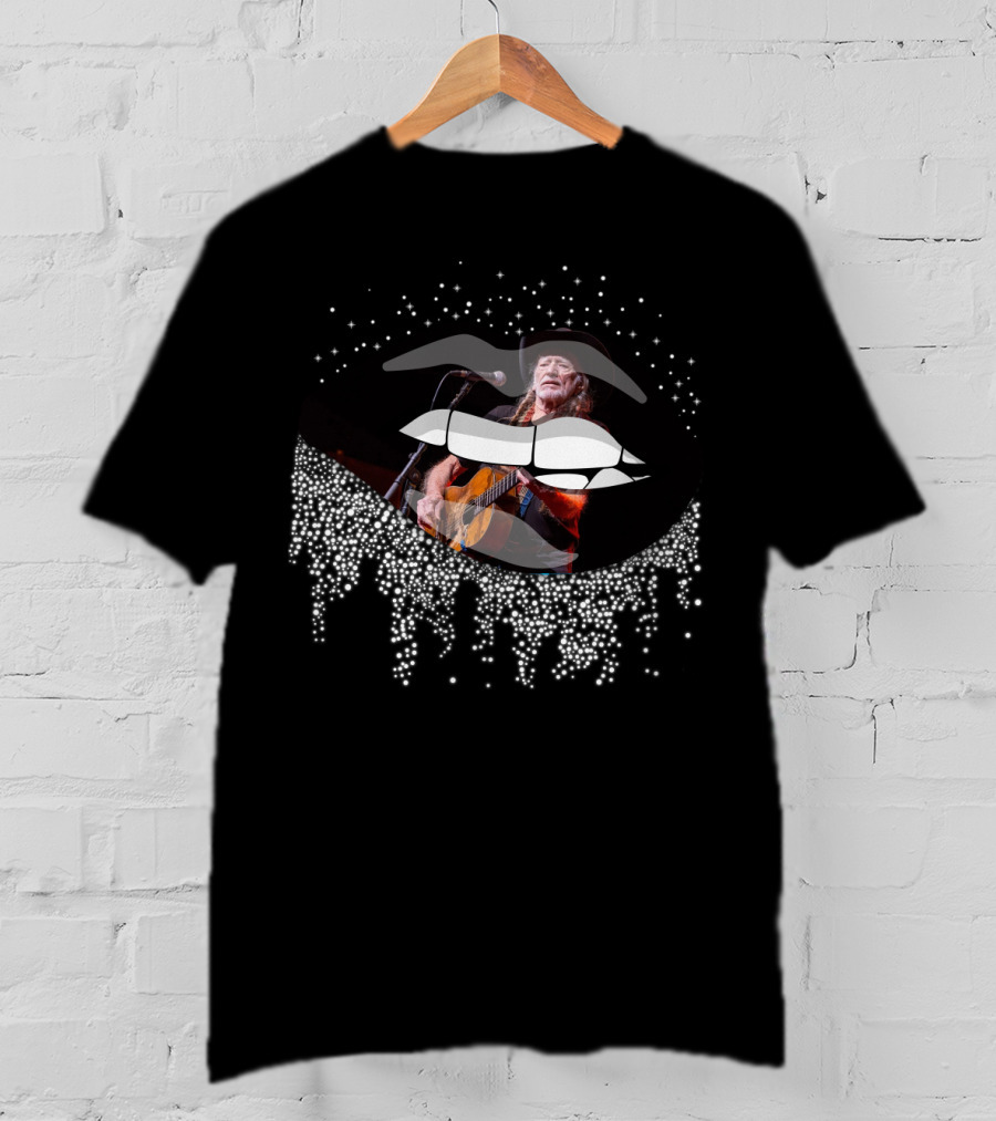 Willie Nelson Lips With Guitar And Sparkling Drips T-Shirt
