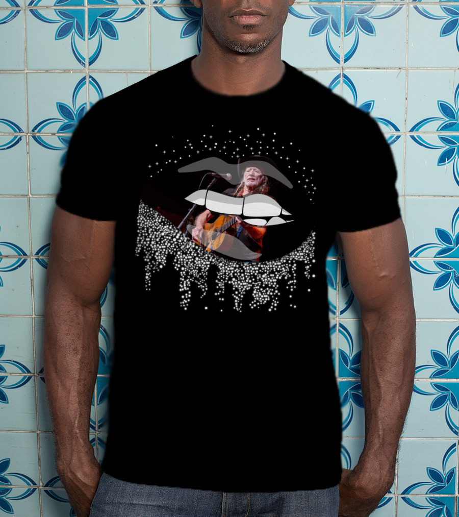 Willie Nelson Lips With Guitar And Sparkling Drips T-Shirt