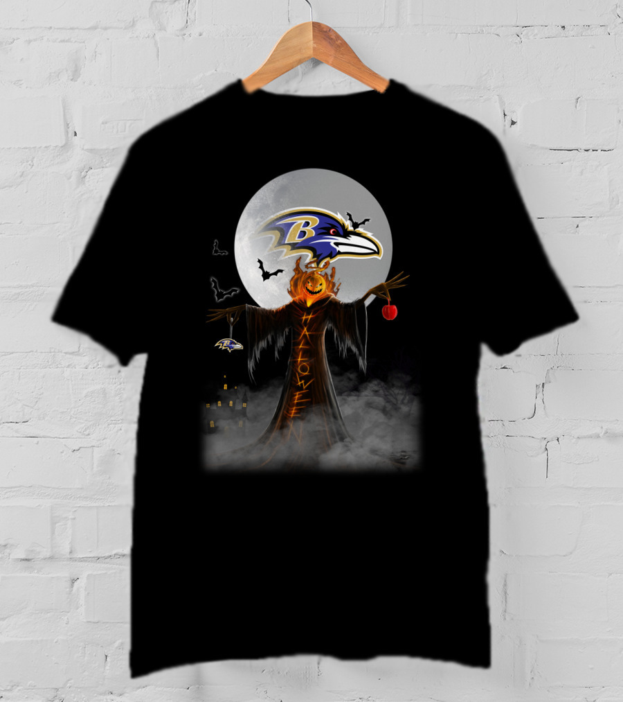 Baltimore Ravens Halloween Moon With Scarecrow And Pumpkin Head T-Shirt