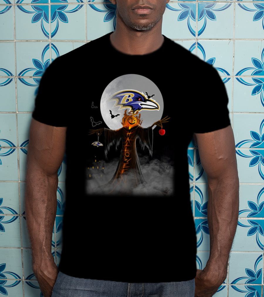 Baltimore Ravens Halloween Moon With Scarecrow And Pumpkin Head T-Shirt