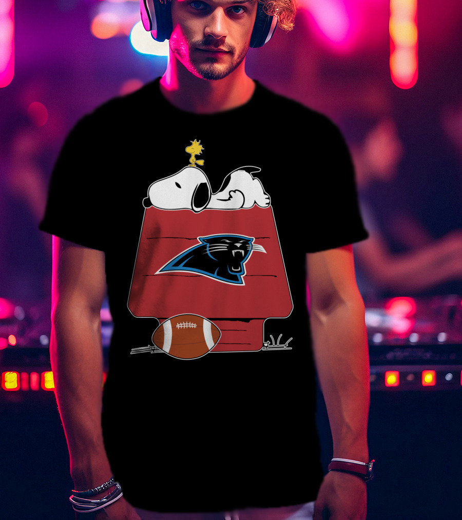 Snoopy And Woodstock On Doghouse With Carolina Panthers Logo And Football T-Shirt